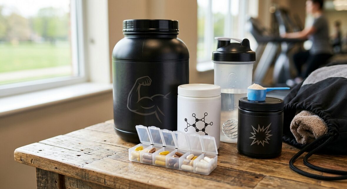 Begynder-stack af kosttilskud på et træbord: proteinpulver, kreatin, pre-workout, shaker og en ugeæske med kapsler, med et træningscenter i baggrunden