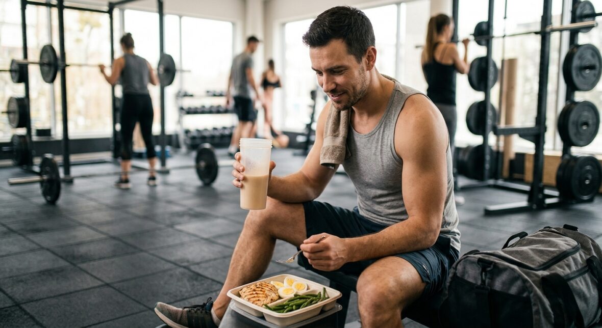 Mand i træningstøj i et fitnesscenter drikker en proteinshake ved siden af et måltid med kylling, æg og bønner