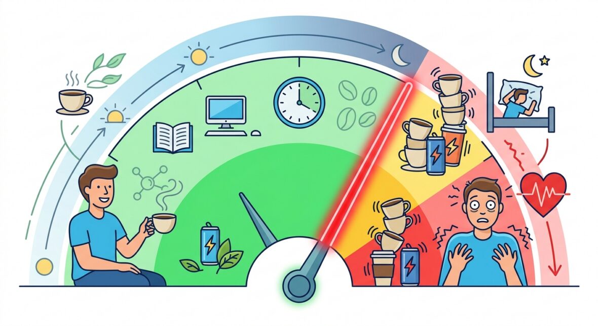 Illustration af en måler der går fra grønt til rødt og viser koffeinindtag fra en moderat, sikker mængde til for meget, med uro, hjertebanken og søvnproblemer
