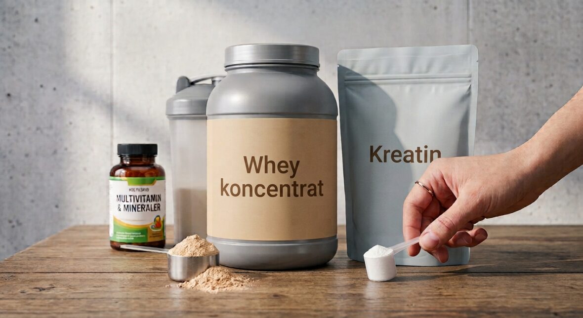 Kosttilskud til begyndere på et bord: multivitamin, whey koncentrat, kreatin og en måleske med pulver