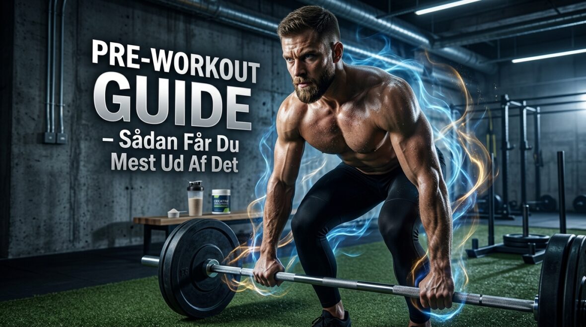Muskuløs mand løfter en vægtstang i et industrielt fitnesscenter med energiglød omkring sig, ved siden af en shaker og en dåse pre-workout