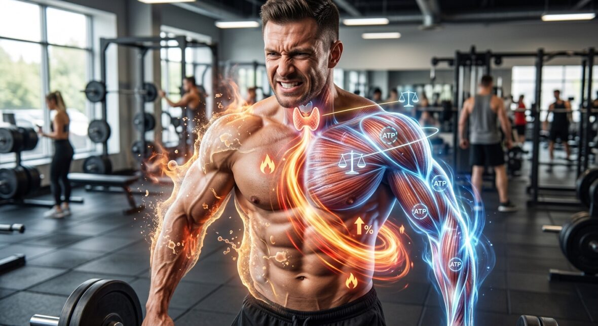 Muskuløs mand i et fitnesscenter, hvor skjoldbruskkirtlen og et opskruet stofskifte er illustreret med flammer og energisymboler.