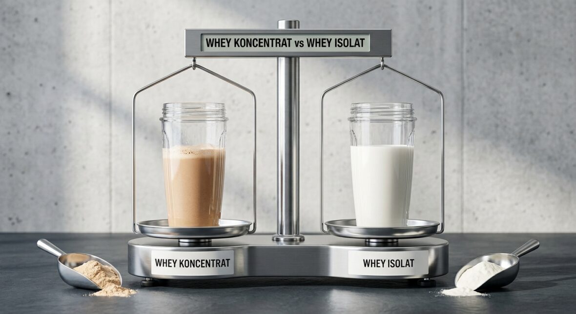 Vægt der sammenligner whey koncentrat og whey isolat, med en shake og en scoop proteinpulver på hver side