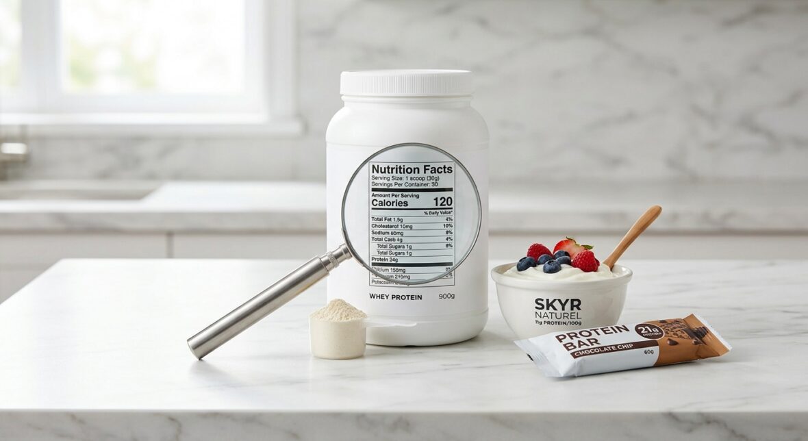 Forstørrelsesglas over næringsdeklarationen på en bøtte whey protein, ved siden af en skål naturel skyr med bær og en chokolade-proteinbar