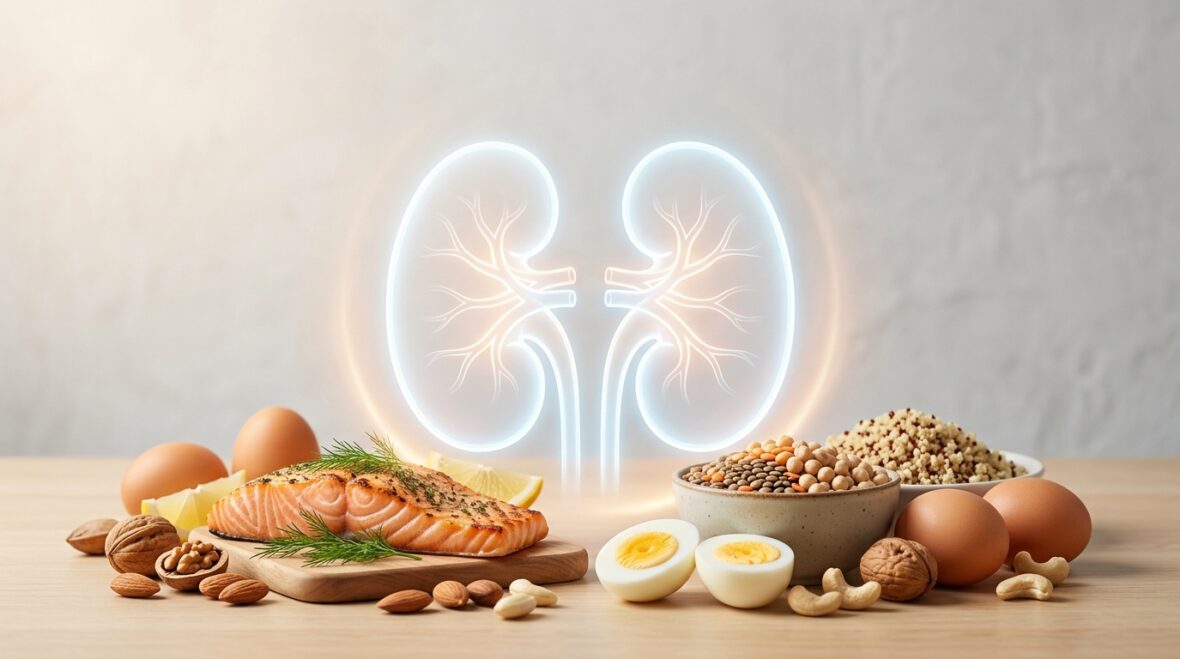 Lysende illustration af to nyrer over et bord med proteinrige fødevarer: grillet laks, æg, nødder, linser, kikærter og quinoa