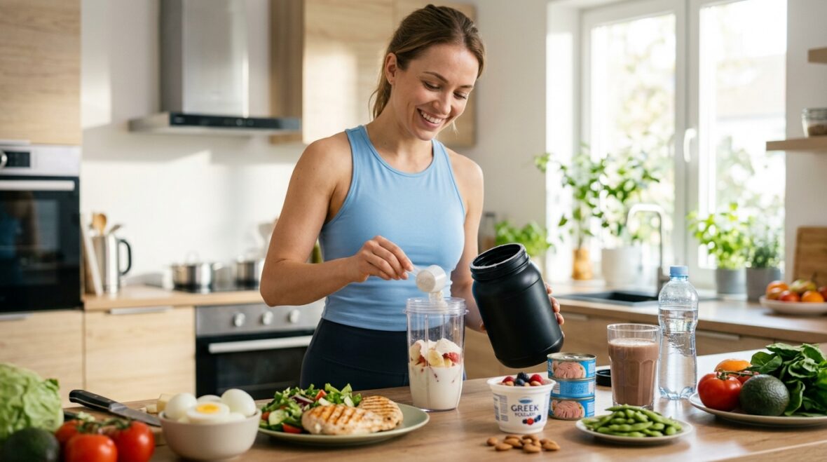 Smilende kvinde i et køkken tilsætter proteinpulver til en smoothie, omgivet af proteinrige fødevarer som kylling, æg, tun, græsk yoghurt og edamame