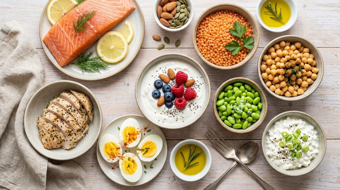 Proteinrige danske fødevarer set ovenfra på et lyst træbord: laks med citron, kylling, halve æg, skyr med bær, hytteost, røde linser, kikærter, edamame samt nødder og frø